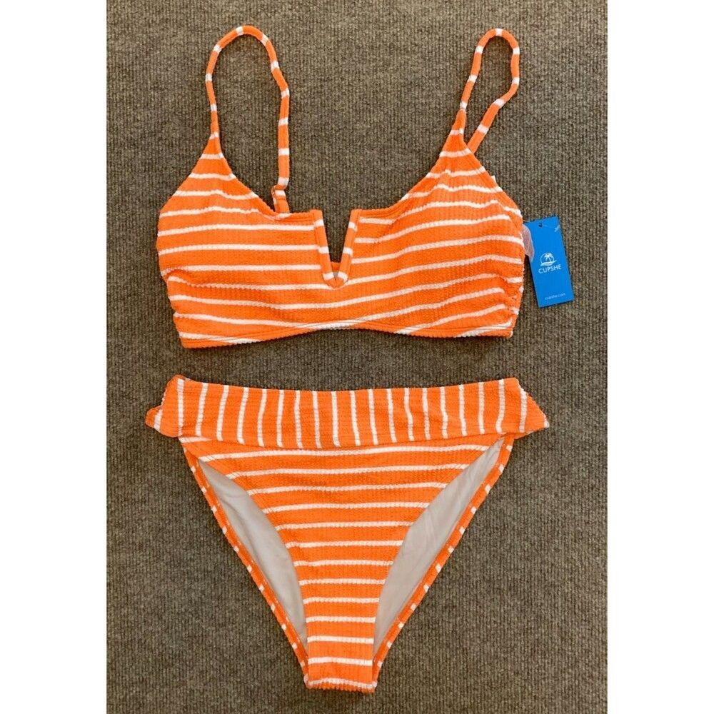 Cupshe Bikini Set Womens M Swimsuit High Rise Scoop V-Neck Striped Beach Pool